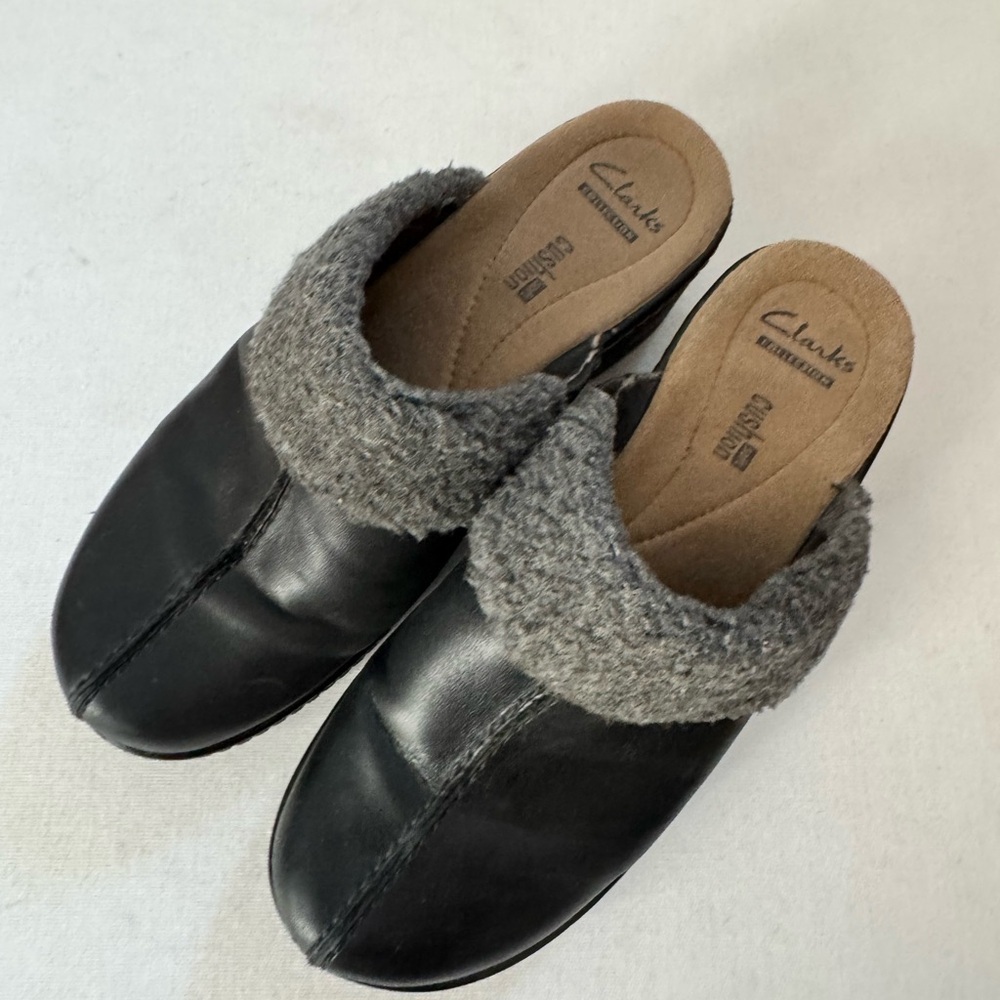 Clarks Black Leather Shearling Lined Platform Presley Clog Mules Retro Y2K 6.5 - Picture 4 of 9
